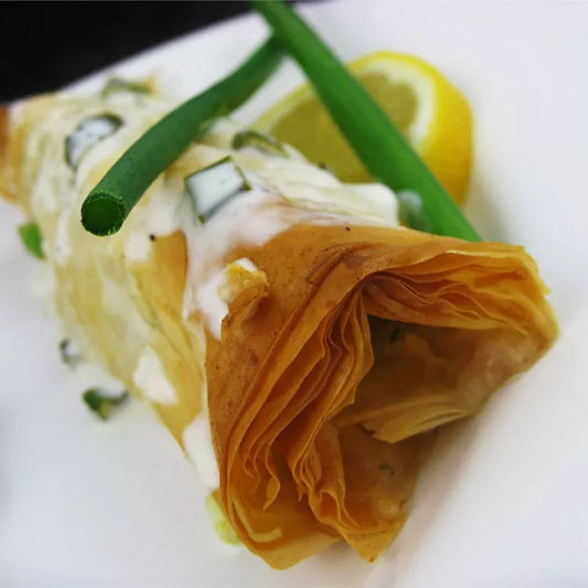 Phyllo-Wrapped Halibut Fillets with Lemon Scallion Sauce