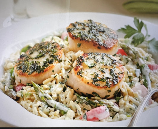 GREEN GODDESS PASTA SALAD WITH HERBED SCALLOPS
